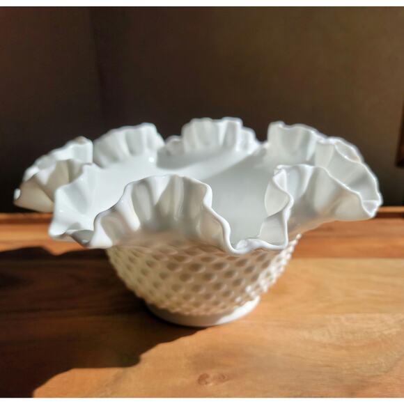 Vintage 1970s Fenton White Milk Glass Hobnail Ruffle Large Bowl